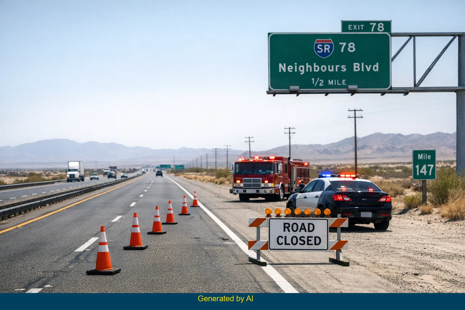 Emergency vehicles and traffic cones at I-10 accident scene near State Route 78 in Riverside County