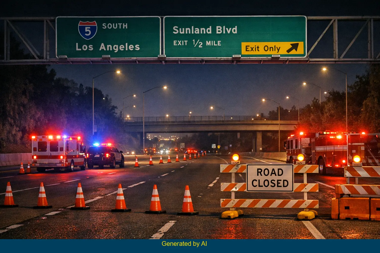 Emergency vehicles and cones block southbound I-5 near Sunland Boulevard at night after multi-vehicle crash