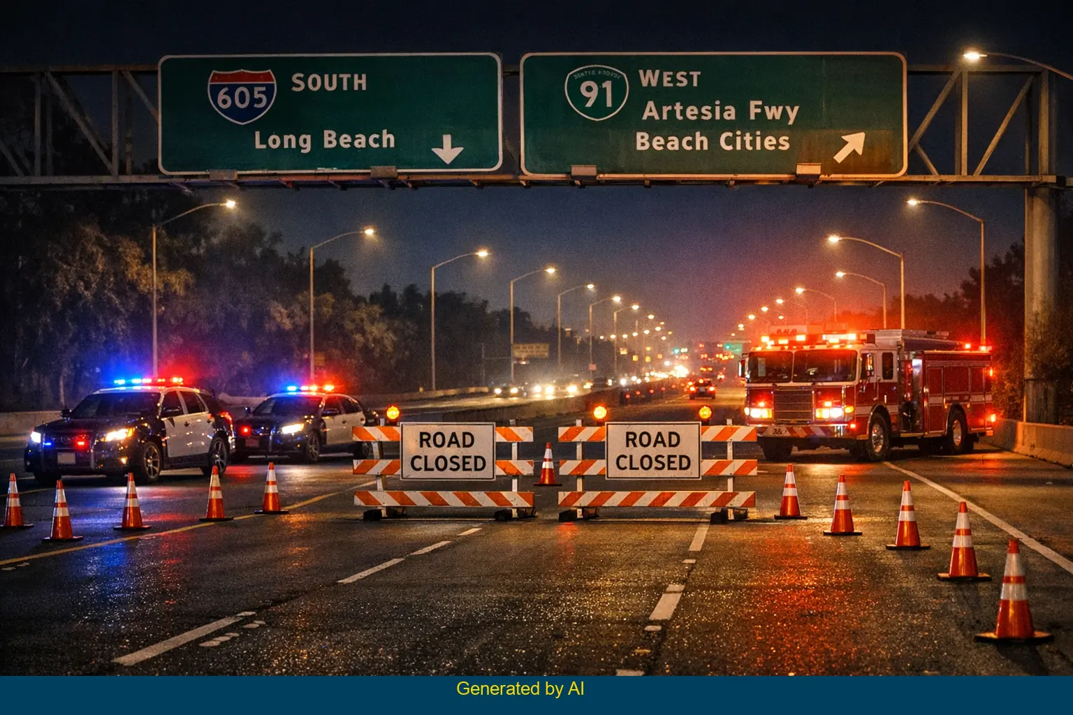 Emergency vehicles and road closure barriers at night on I-605 near SR-91 after rollover accident