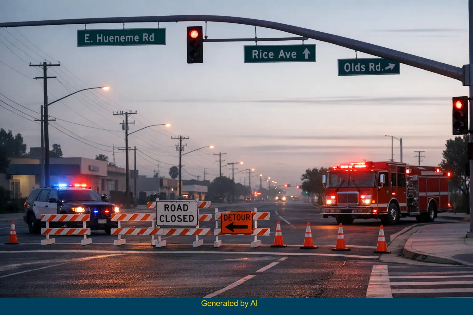 Early morning emergency response at East Hueneme Road and Rice Avenue after solo Honda CR-V crash