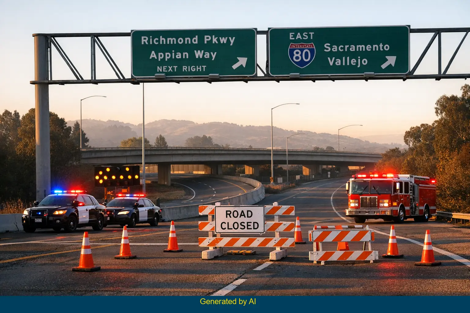 Emergency vehicles and traffic cones block Richmond Parkway on-ramp to I-80 East after solo vehicle crash at sunrise