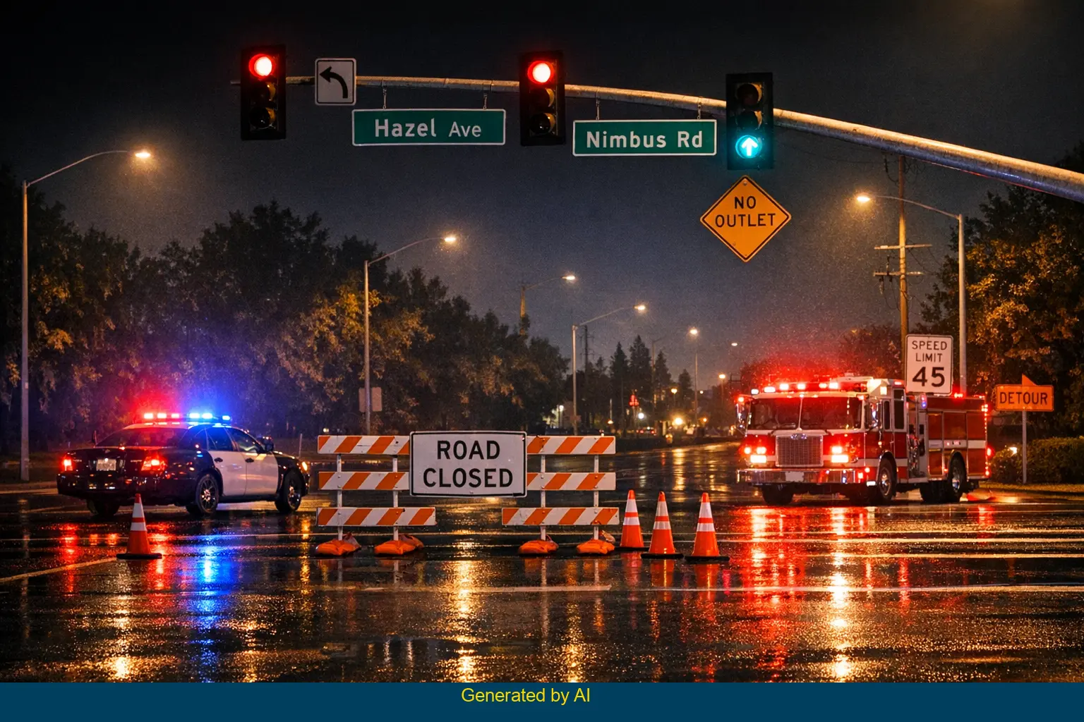 Nighttime emergency response at Hazel Avenue and Nimbus Road after solo vehicle crash with fire