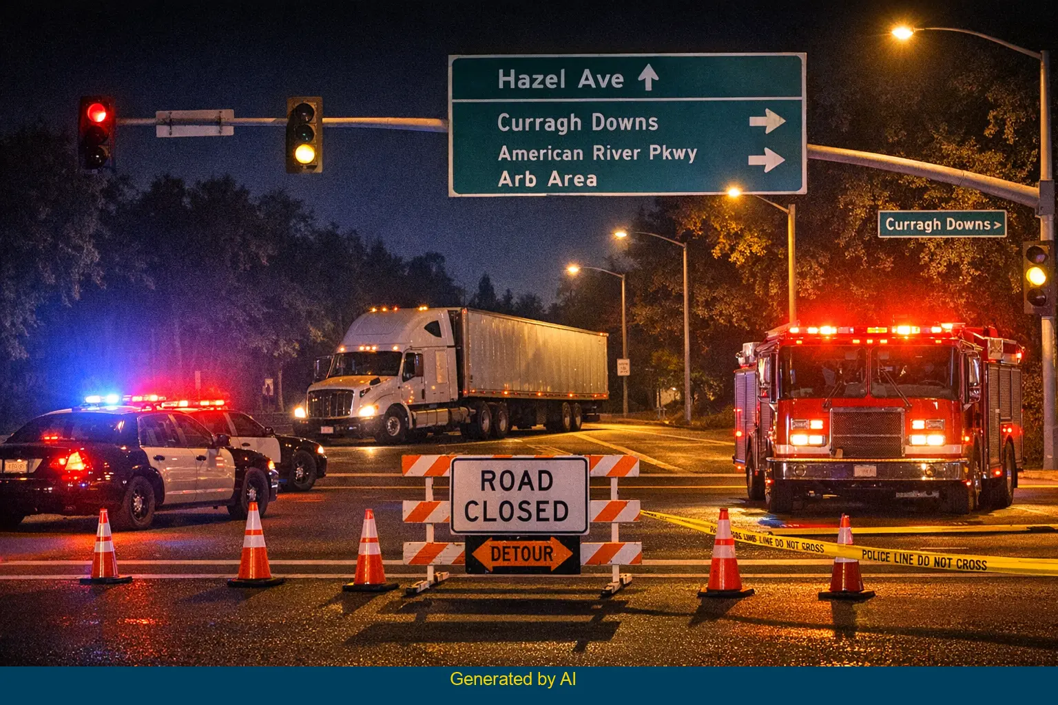 Nighttime emergency response at Hazel Avenue intersection after solo vehicle crash with fire in Sacramento County