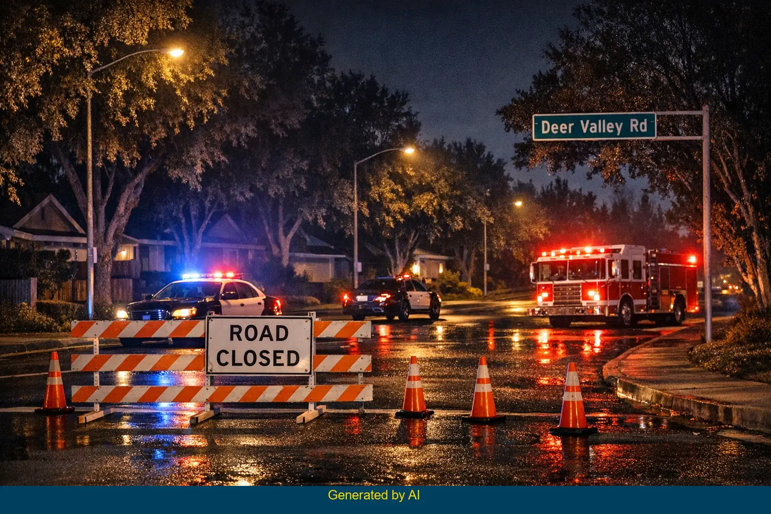 Emergency vehicles and road closure on Deer Valley Road at night after a two-car crash in Contra Costa County
