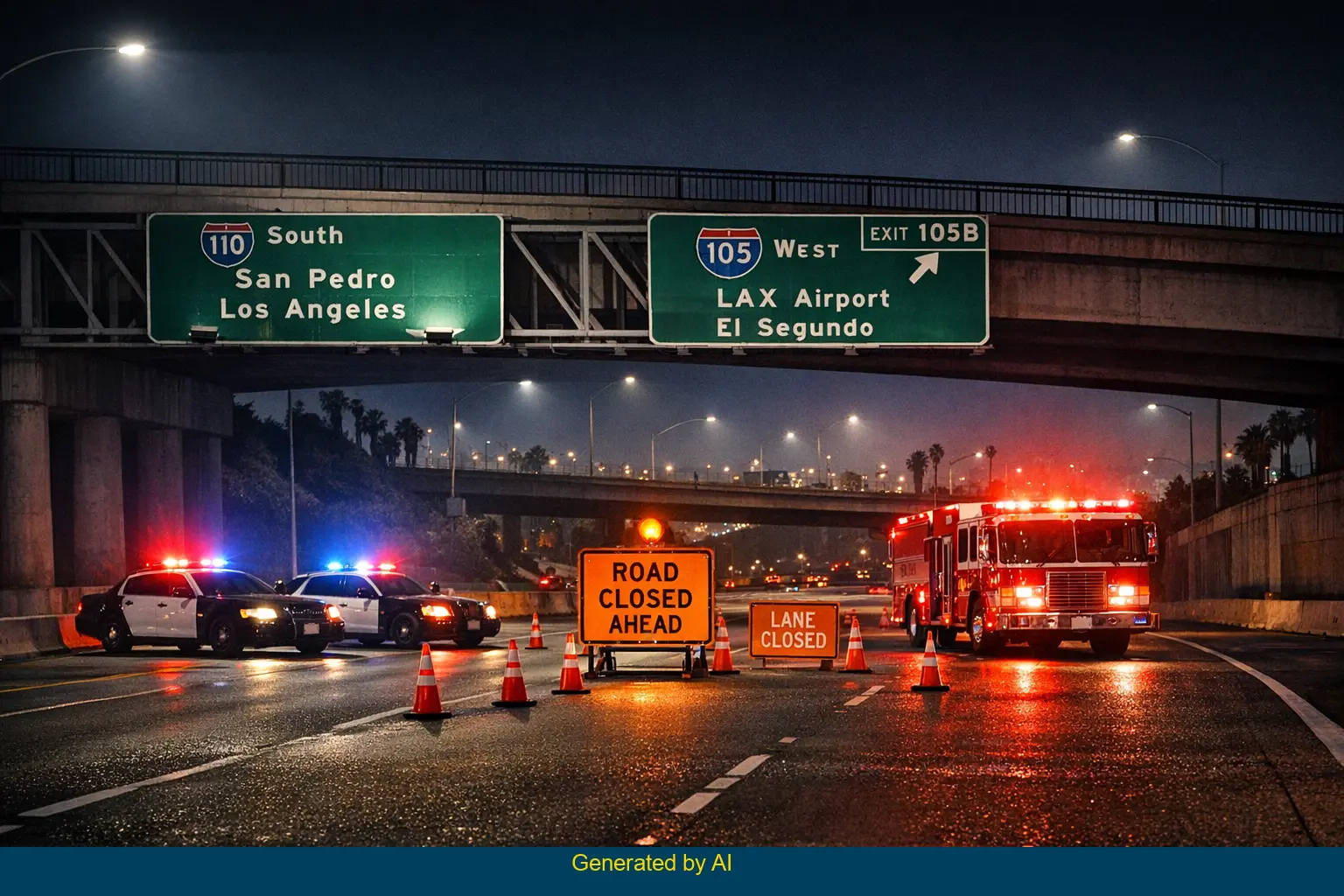 Emergency vehicles and road closure on southbound I-110 near I-105 in Los Angeles at night after two-vehicle crash