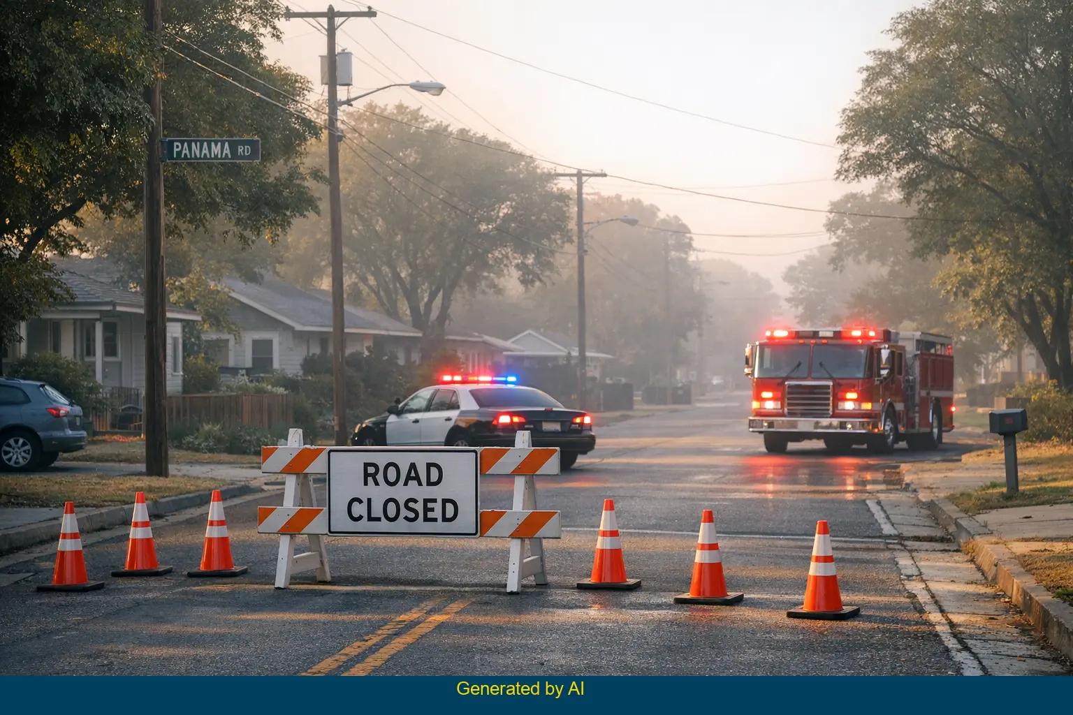 Emergency vehicles and road closure after two-vehicle collision on Panama Road in residential area