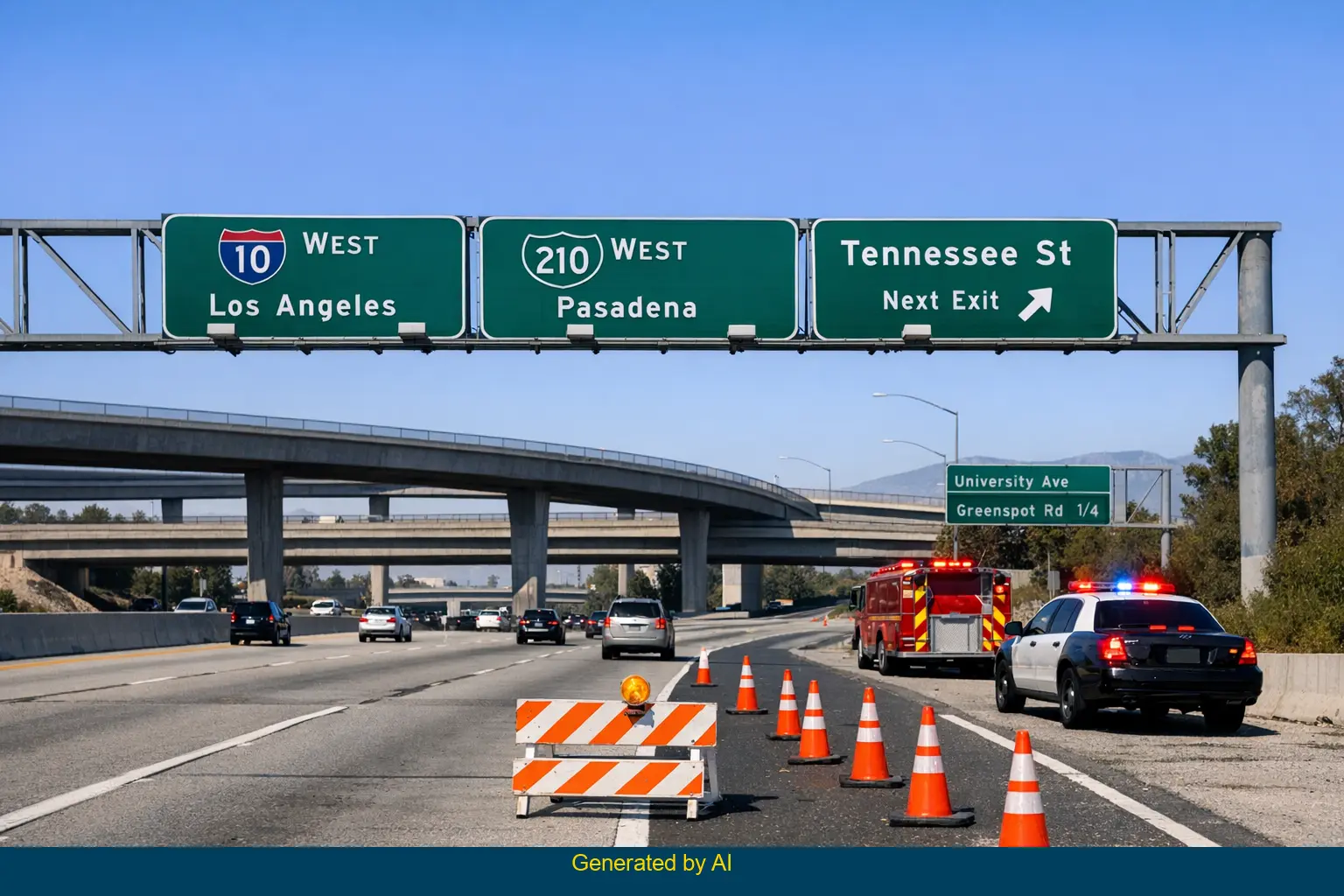 Emergency vehicles and traffic cones close a lane on I-10 near SR-210 Tennessee Street off-ramp after reported road hazard