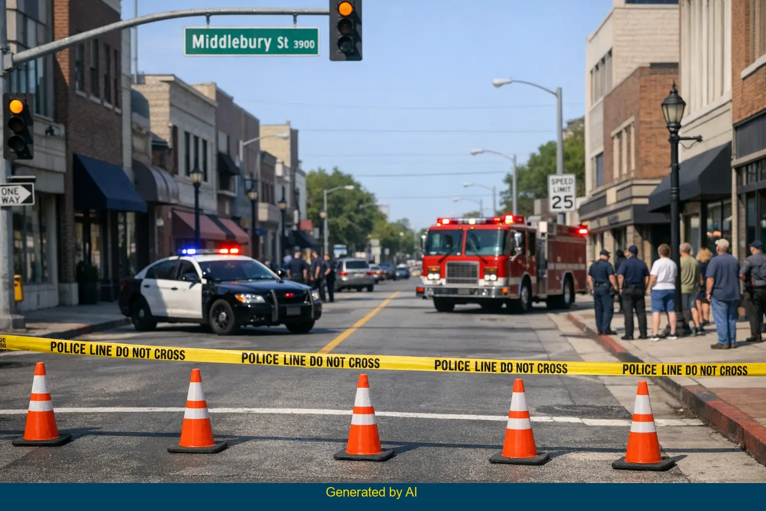 Emergency vehicles and police tape block off 3900 Middlebury Street after a reported incident