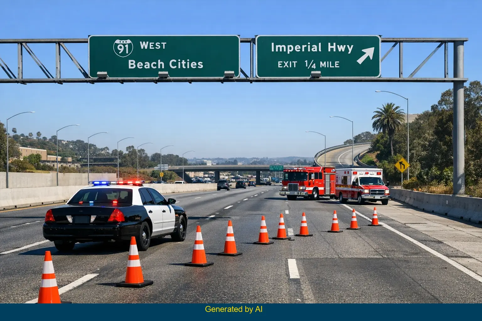Emergency vehicles and police block lanes on SR-91 near Imperial Highway after a Tesla-related medical incident