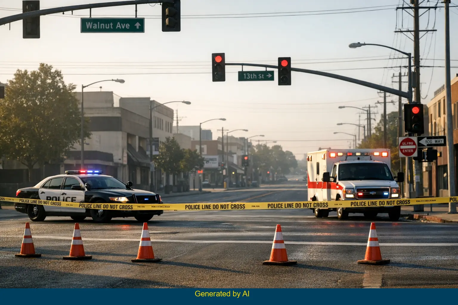 Police and ambulance block Walnut Avenue and 13th Street after motorcycle accident response