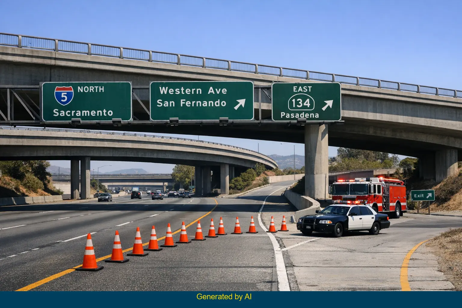 Emergency vehicles and traffic cones block I-5 northbound near Western Avenue after motorcycle accident