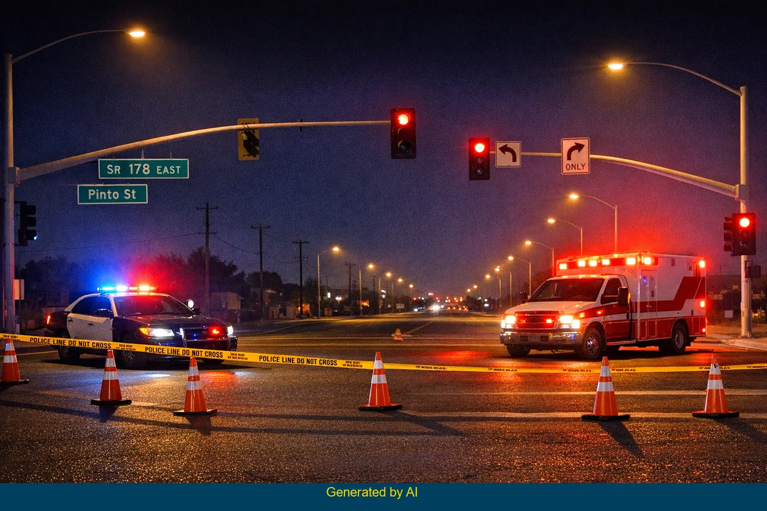 Emergency vehicles and police tape at SR-178 and Pinto Street after a motorcycle and SUV collision