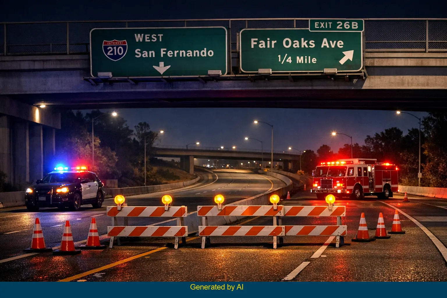 Emergency vehicles and police block westbound I-210 connector near Fair Oaks off-ramp at night after motorcycle accident in Pasadena