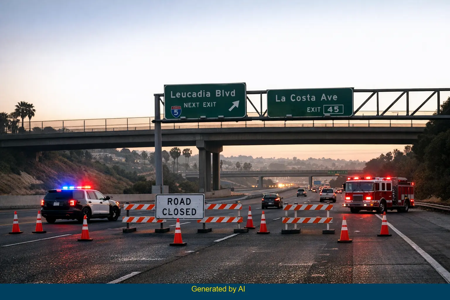Emergency vehicles and traffic cones block northbound I-5 after multi-vehicle crash near Leucadia and La Costa exits in Encinitas