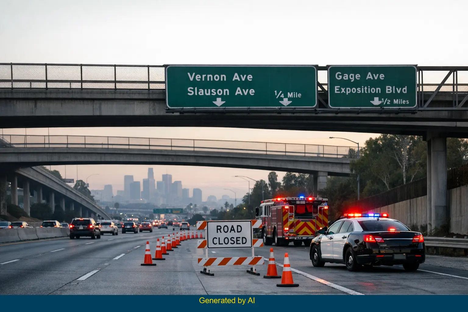 Emergency vehicles respond to overturned car crash on I-110 South near Slauson Avenue in Los Angeles