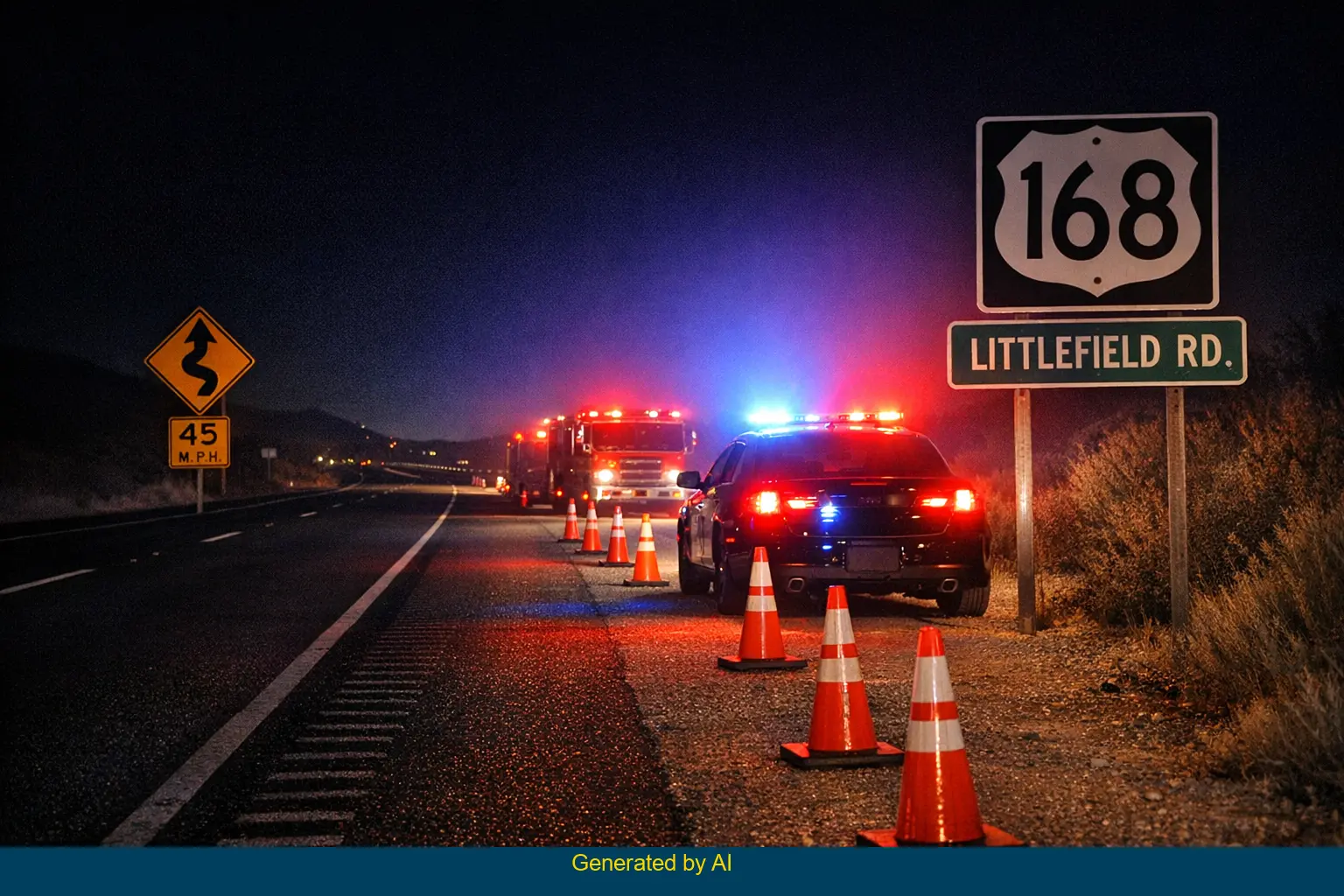 Emergency vehicles with flashing lights respond to a late-night accident on State Route 168 near Littlefield Road