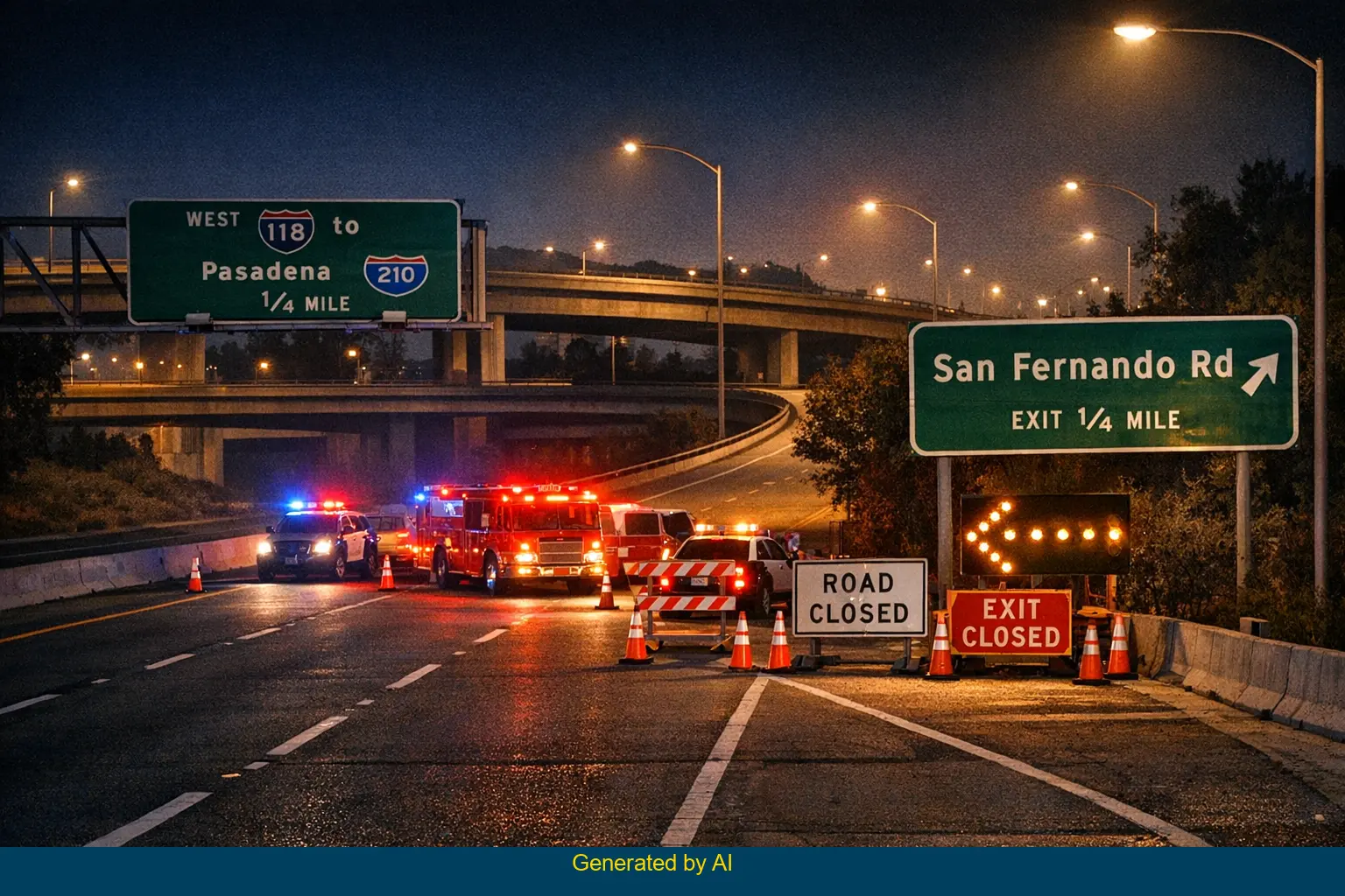 Nighttime emergency response on SR-118 westbound near San Fernando Road off-ramp with flashing lights and road closure signs