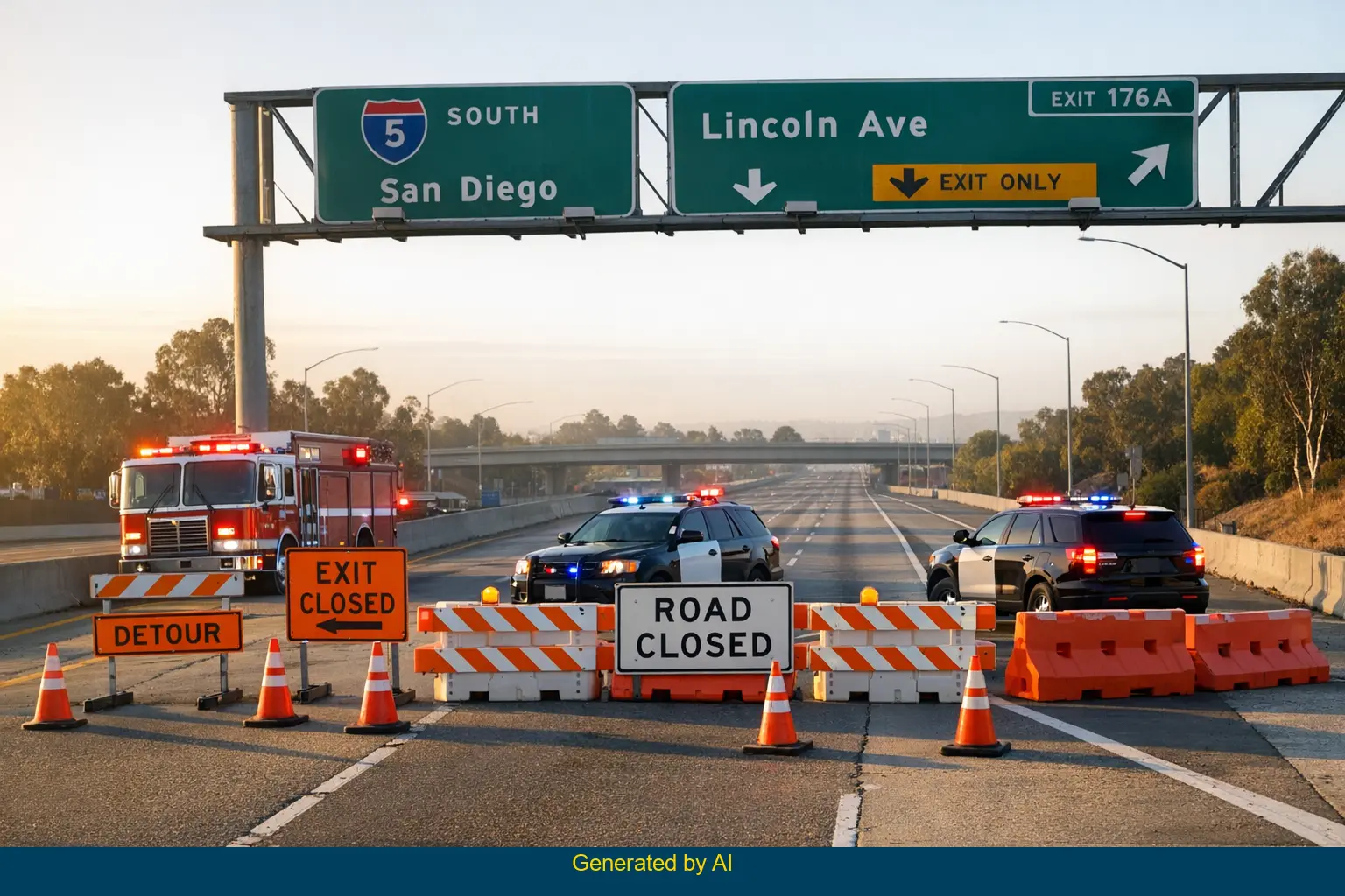 Emergency vehicles and road closure at I-5 south Lincoln Avenue off-ramp after SUV crash