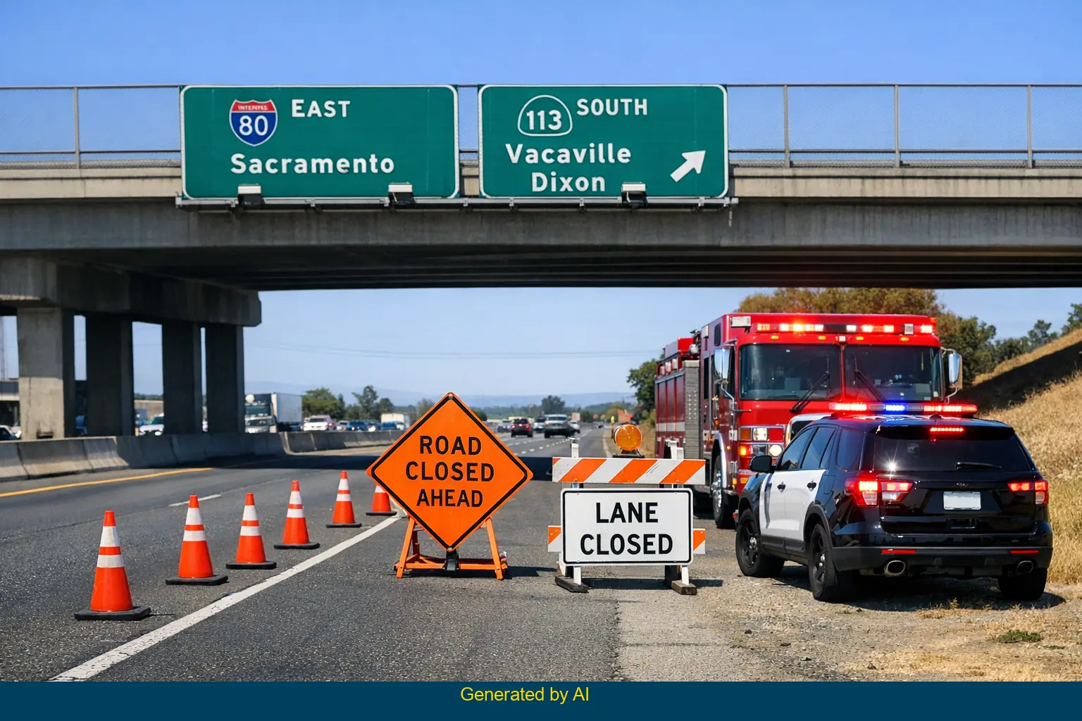 Emergency vehicles and road closure on I-80 near SR-113 connector in Vacaville after traffic incident