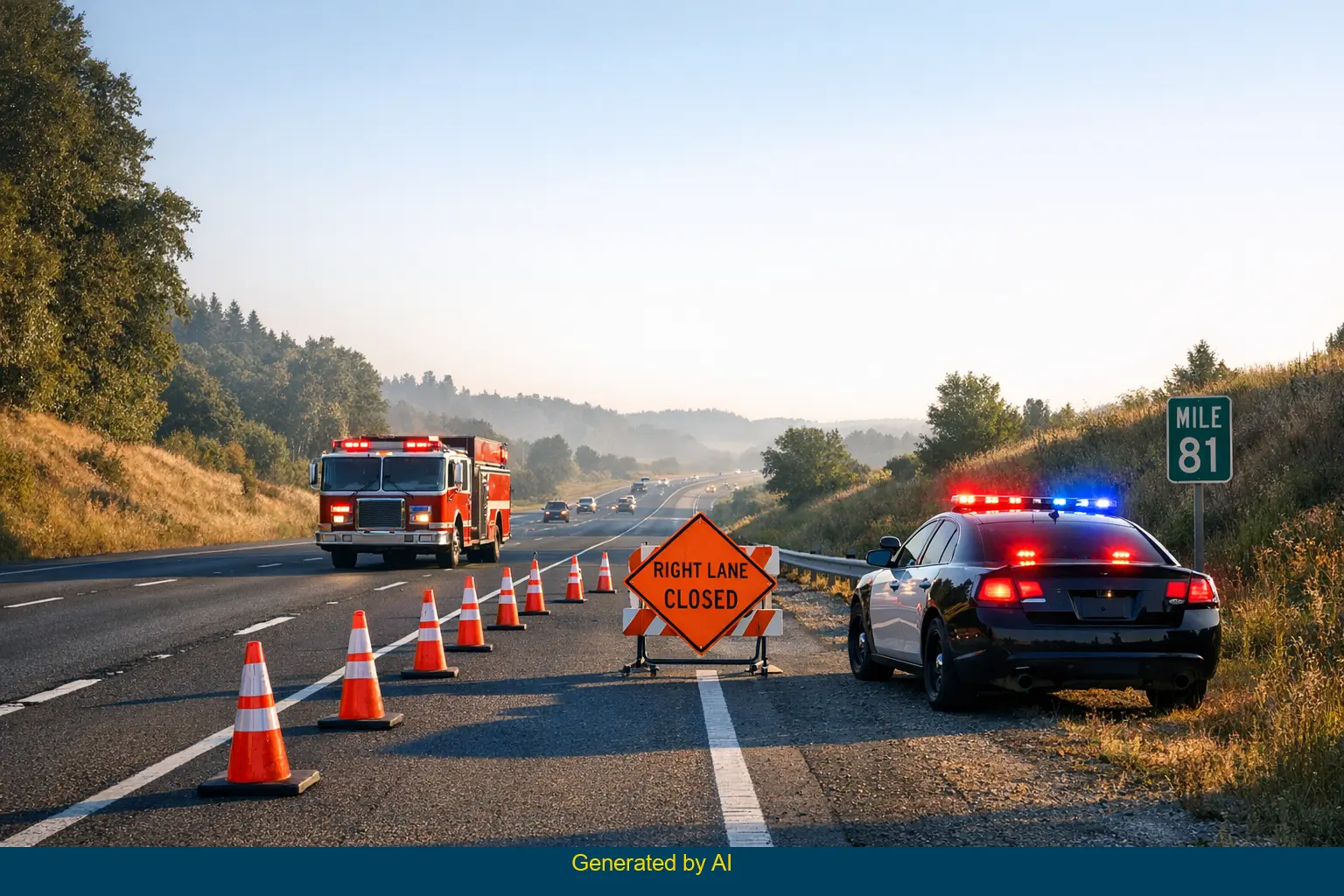 Emergency vehicles and road closure cones on SR-2 near mile marker 81 after overturned vehicle crash