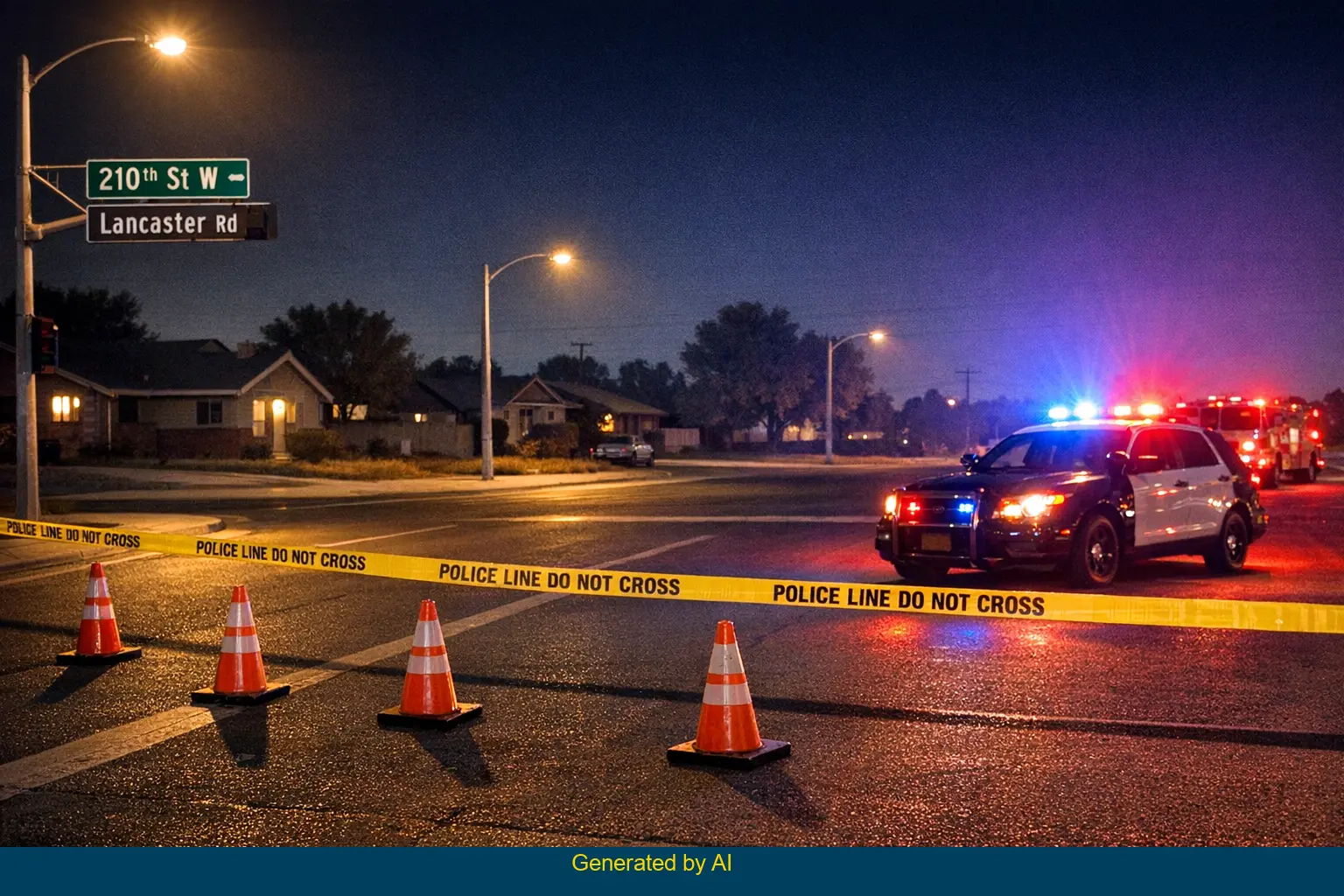 Emergency vehicles and police tape block 210th Street West after an overturned vehicle accident in Lancaster