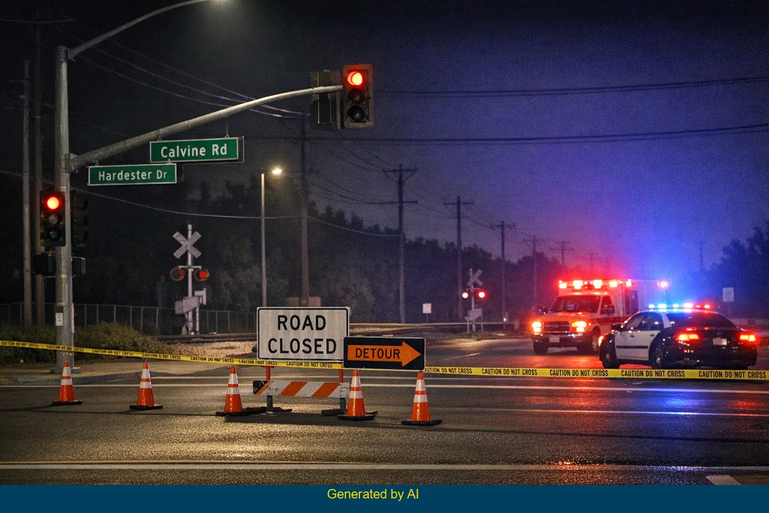 Nighttime emergency response at Calvine Road and Hardester Drive near railroad tracks after pedestrian train accident
