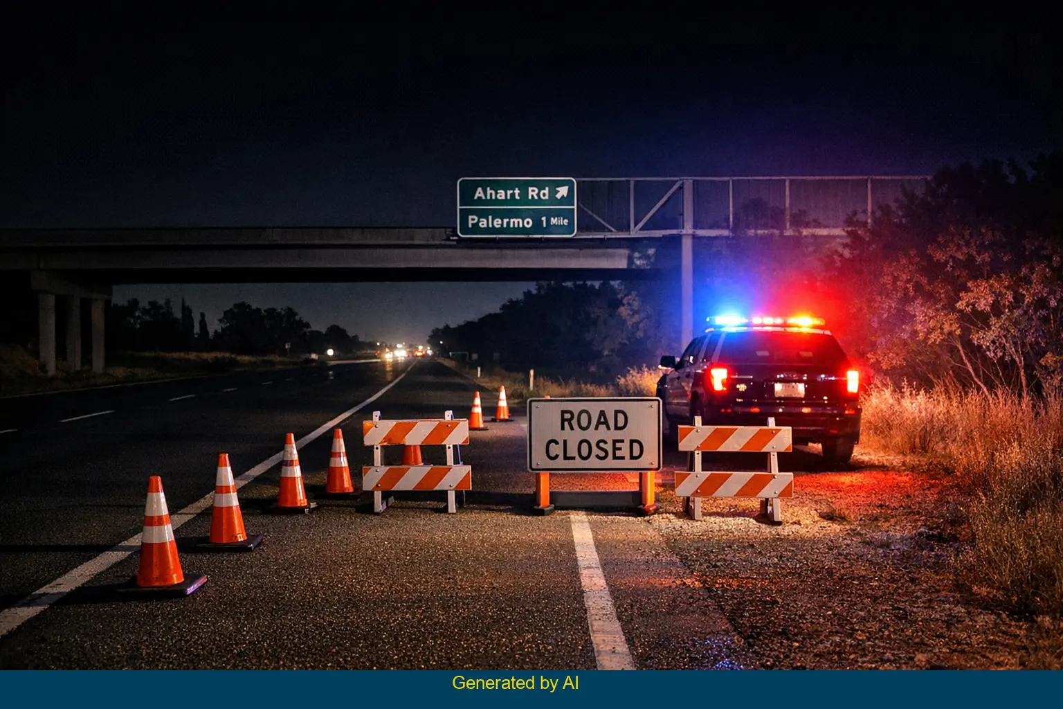 Nighttime emergency response on Palermo Honcut Highway near Ahart Road with cones marking closed shoulder