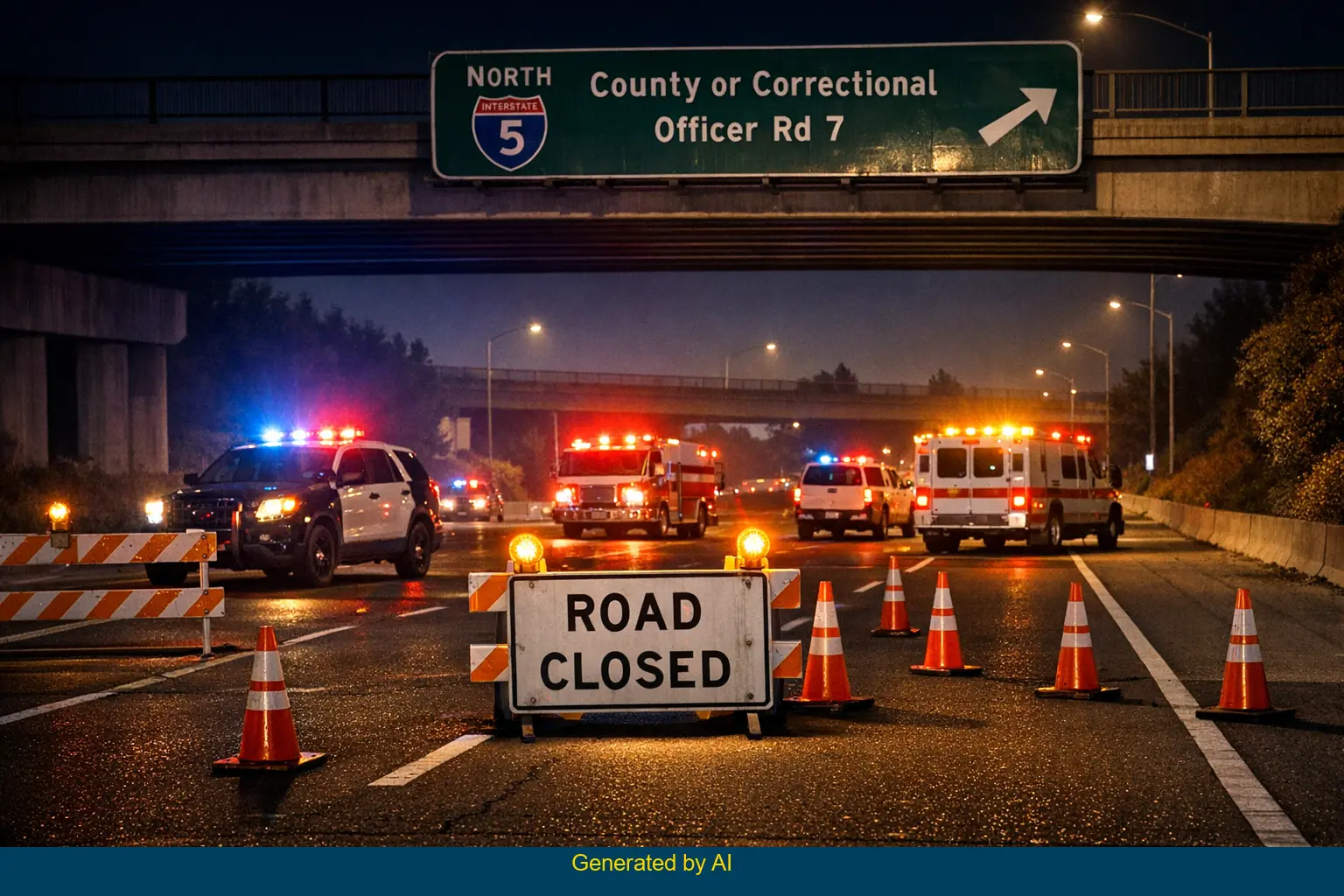 Emergency vehicles and road closure on northbound Interstate 5 at night near an overpass
