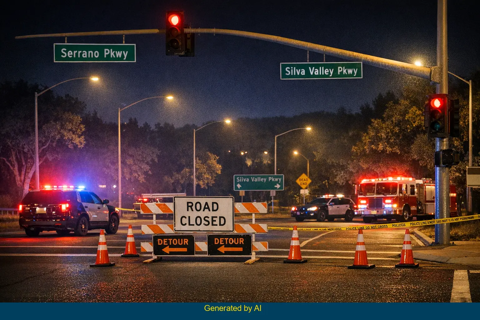 Nighttime emergency response at Serrano Parkway and Silva Valley Parkway after Tesla accident