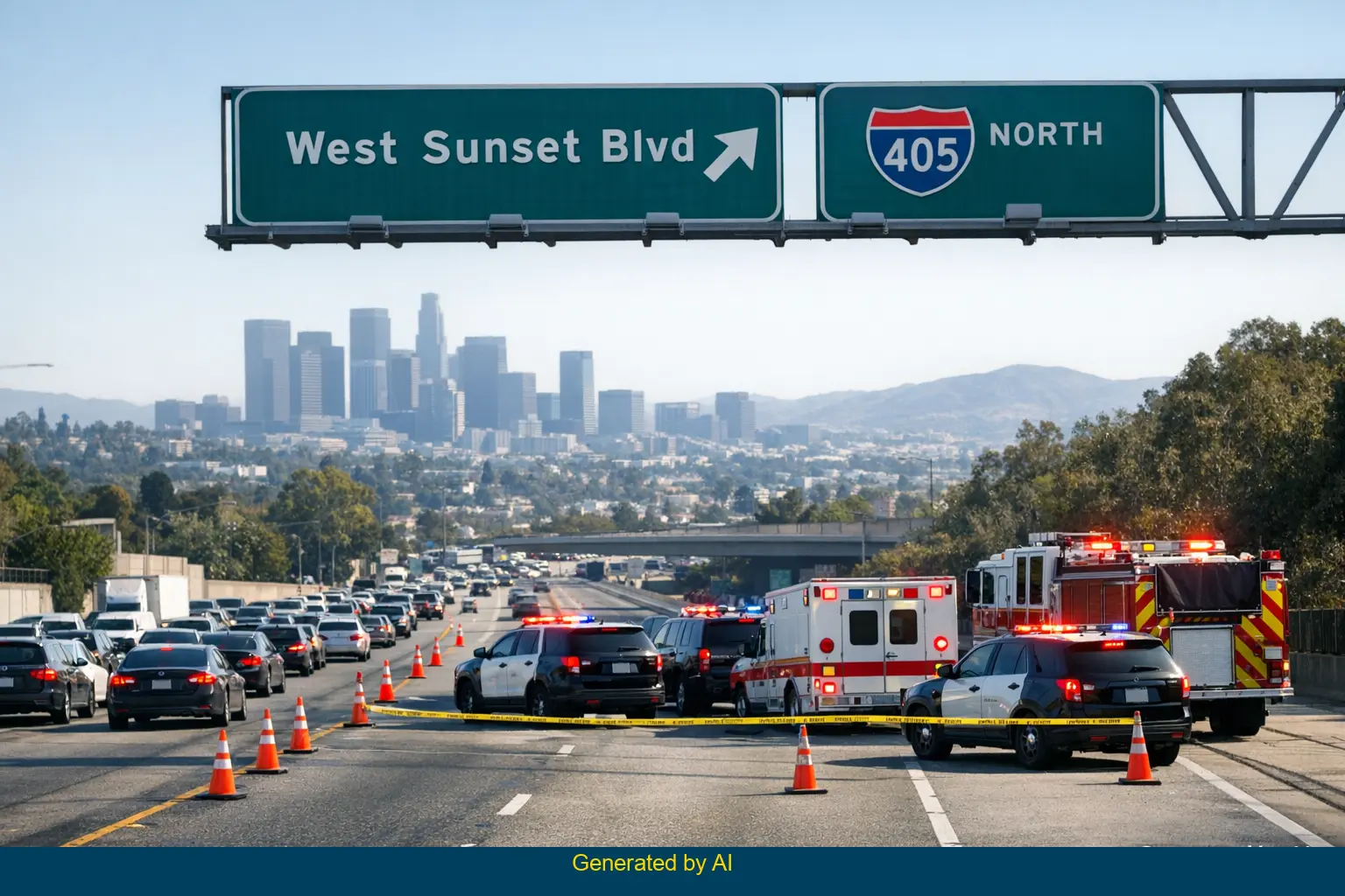 Emergency vehicles and traffic cones block lanes after a three-vehicle crash on I-405 near Sunset Boulevard in Los Angeles.