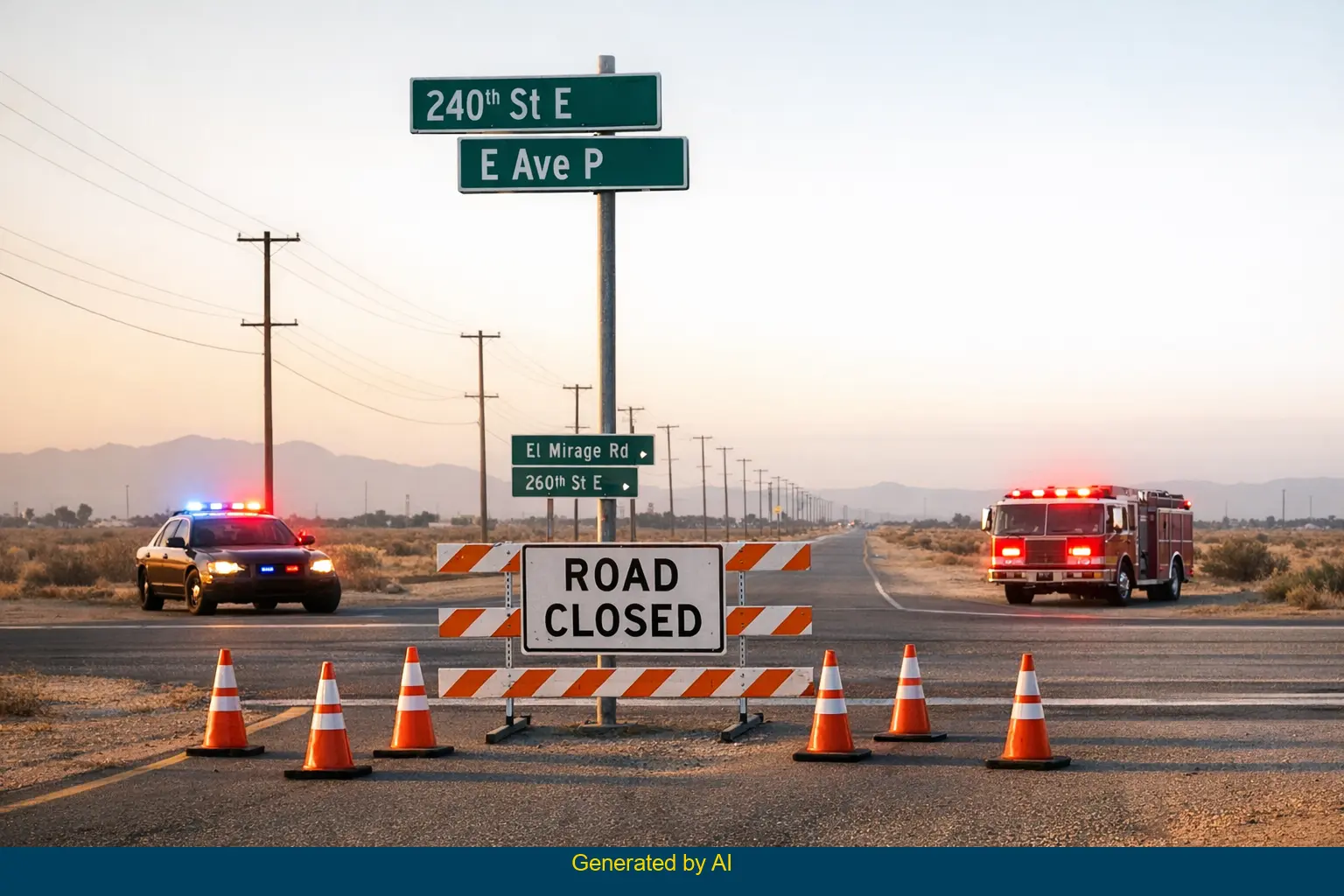 Emergency vehicles and road closure at rural intersection after two-vehicle collision near 240th Street East and East Avenue P