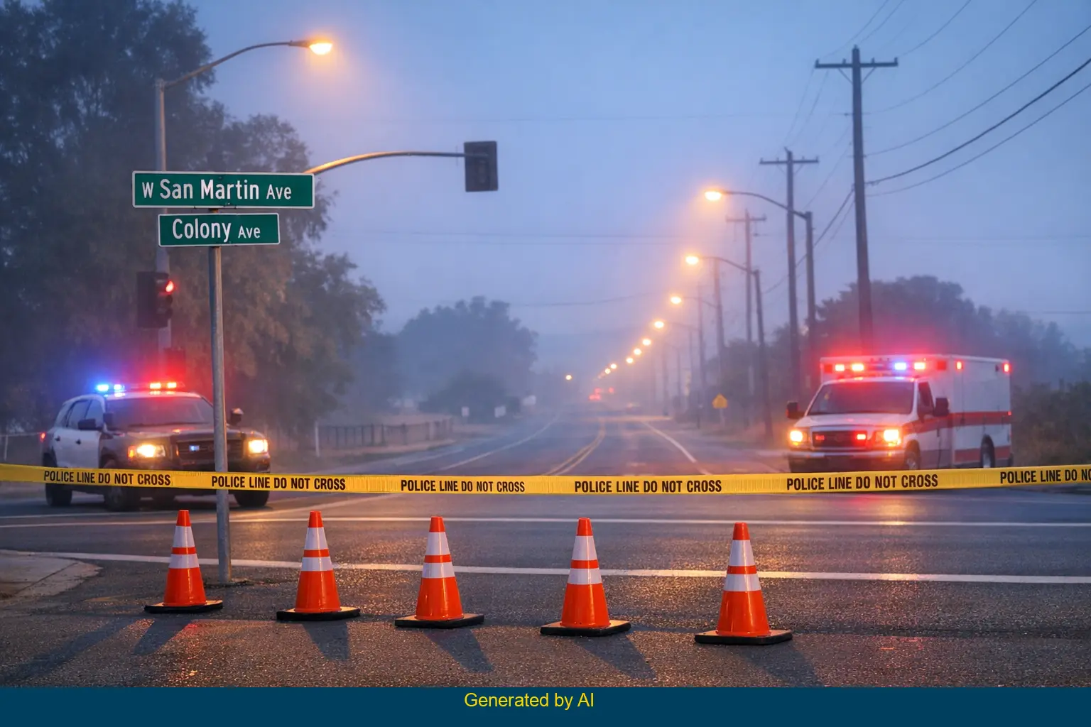 Emergency vehicles and police tape block West San Martin Avenue at Colony Avenue after a pedestrian accident