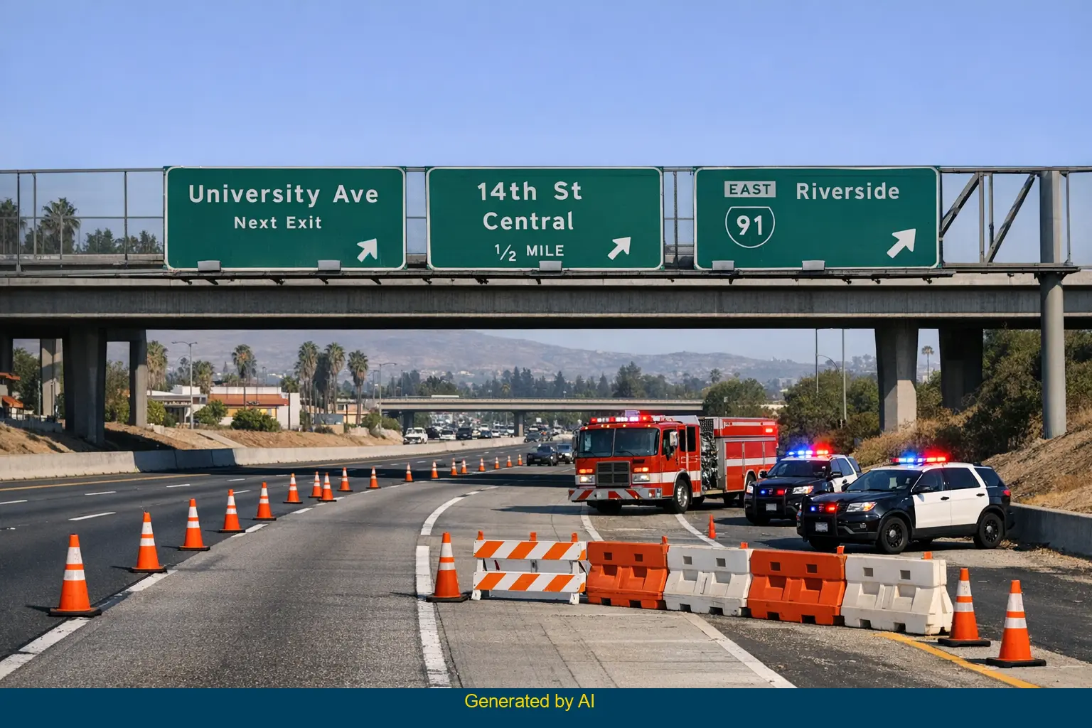 Emergency vehicles and traffic cones on SR-91 near University Avenue after wrong-way crash in Riverside