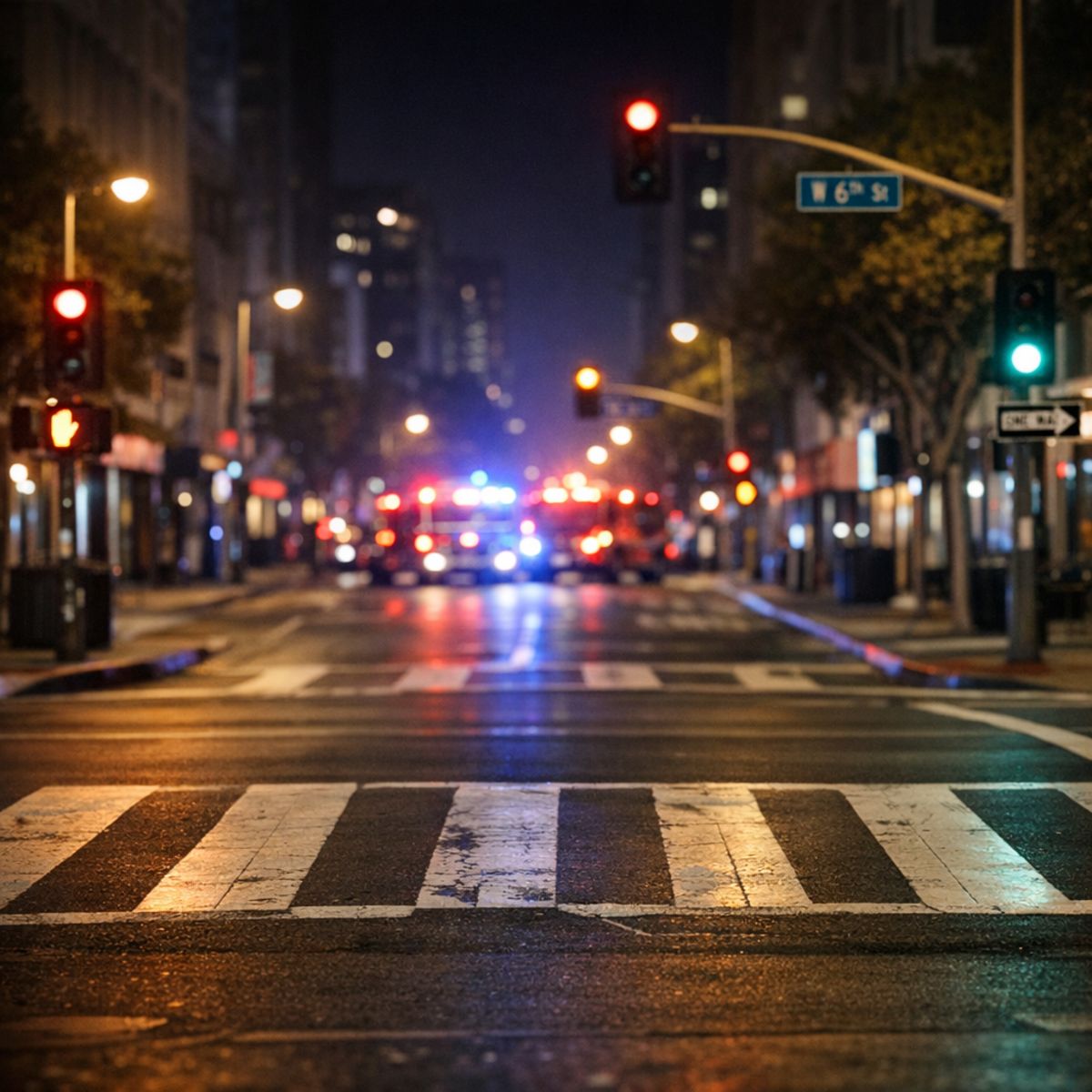 Urban street at night with crosswalk, traffic signals, and distant emergency vehicle lights