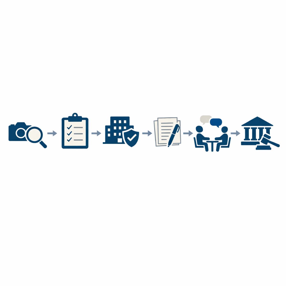 Step-by-step insurance claim support map with icons for each process stage, navy and off-white palette.