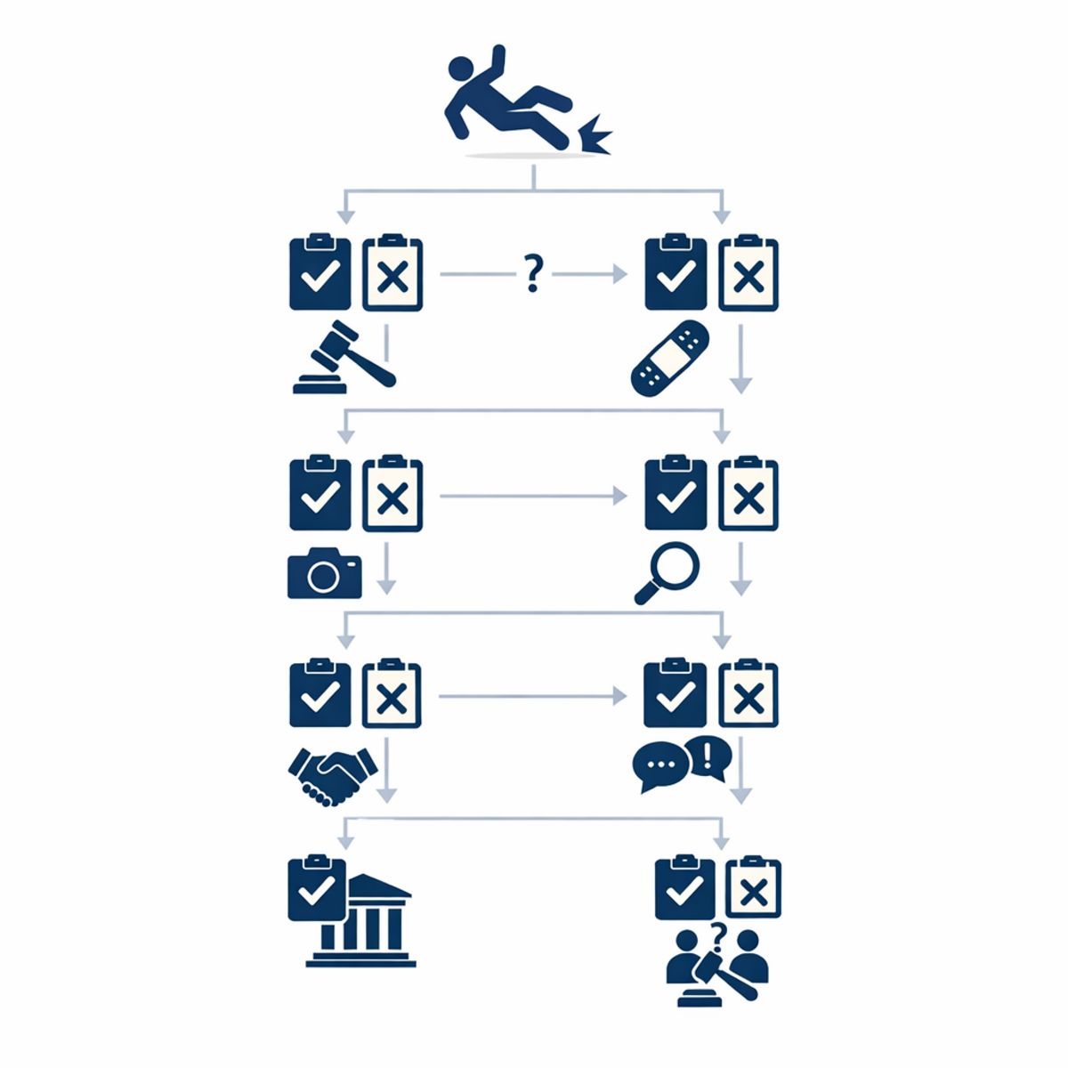Infographic showing a decision tree for contacting a lawyer after a fall, with checklist icons and navy color palette.