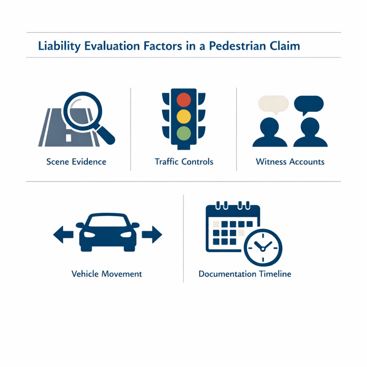 Infographic icons showing key factors in pedestrian claim liability evaluation.