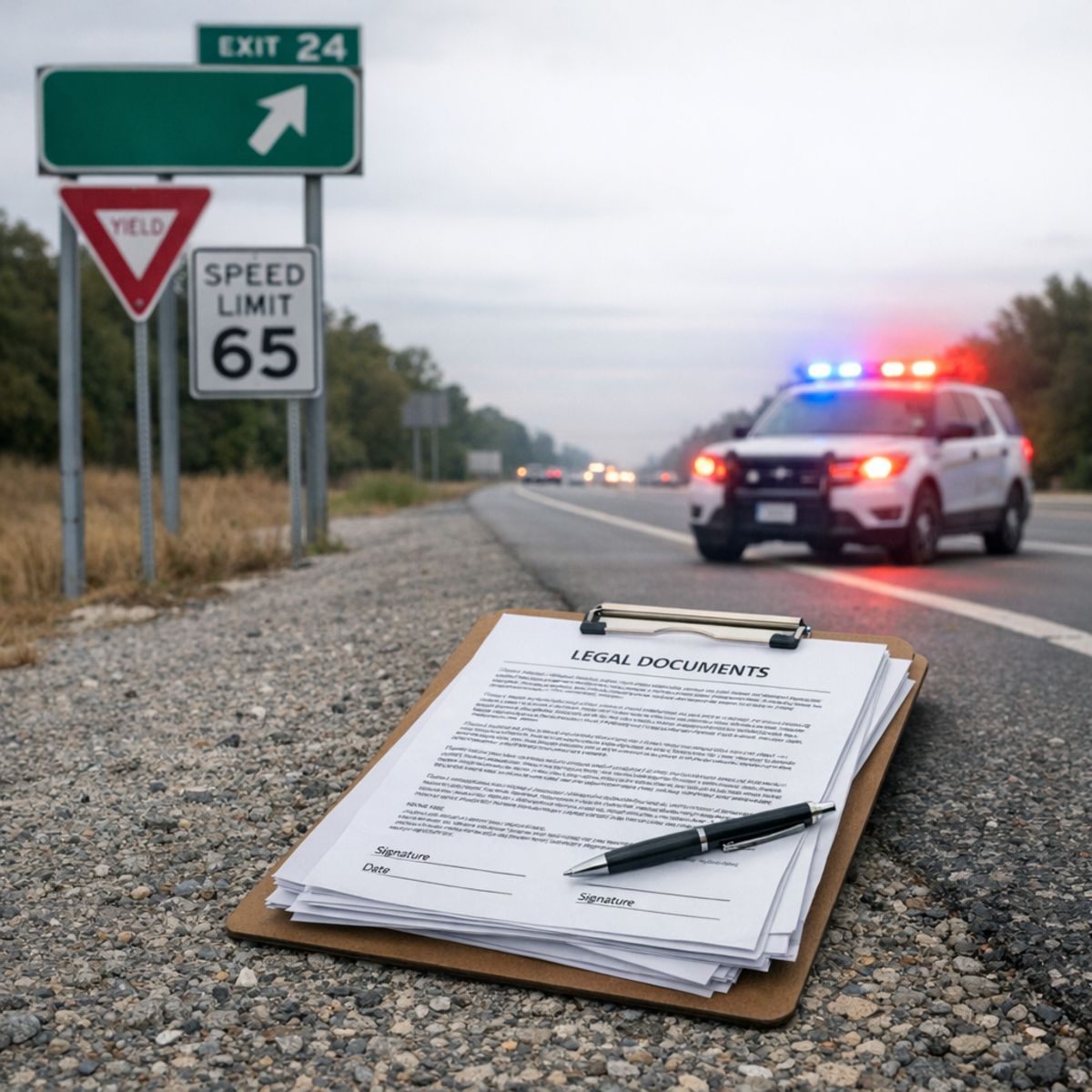 highway shoulder with road signs and legal paperwork under cloudy sky, emergency vehicle lights in background