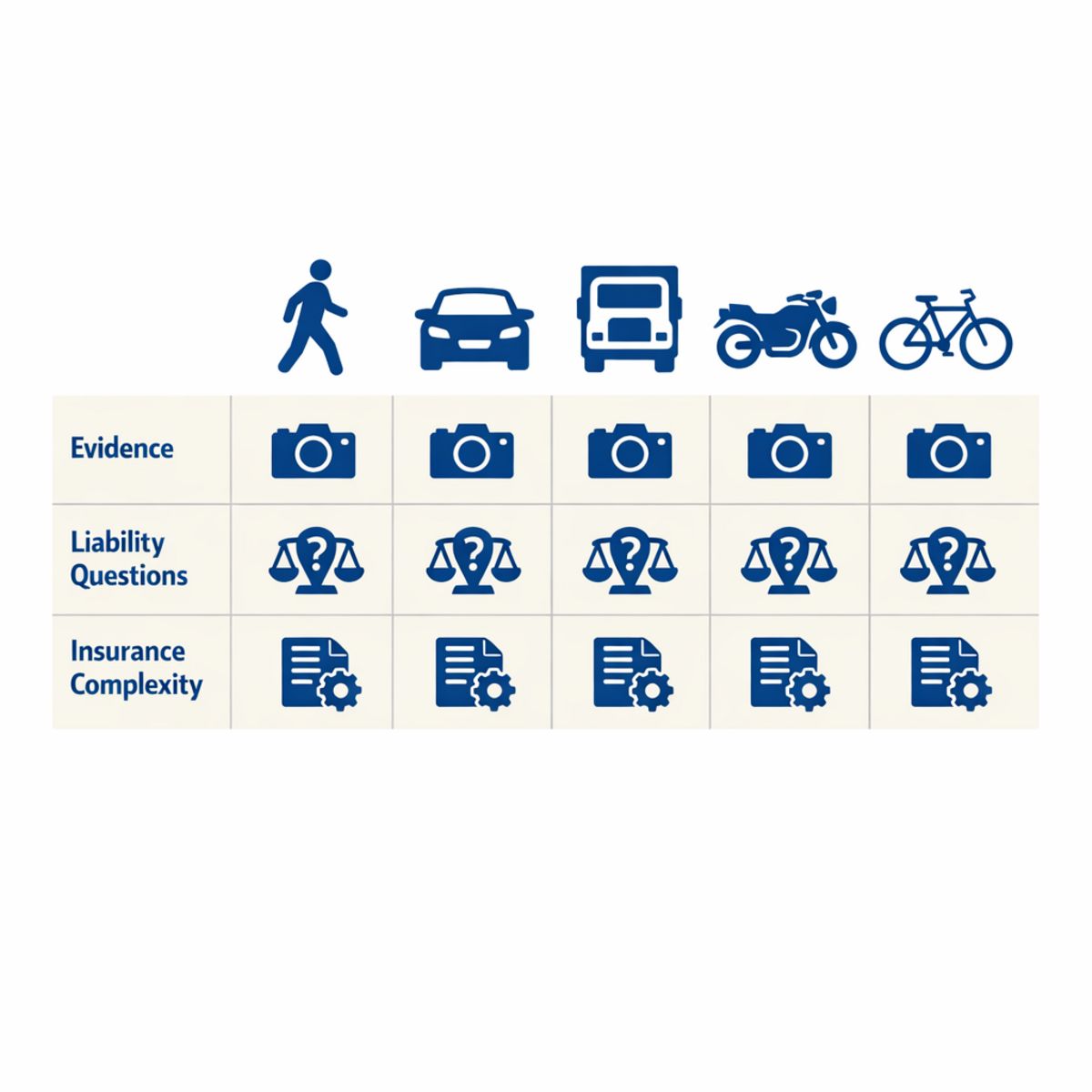 Comparison chart with icons for pedestrian, car, truck, motorcycle, and bicycle, showing evidence, liability, and insurance