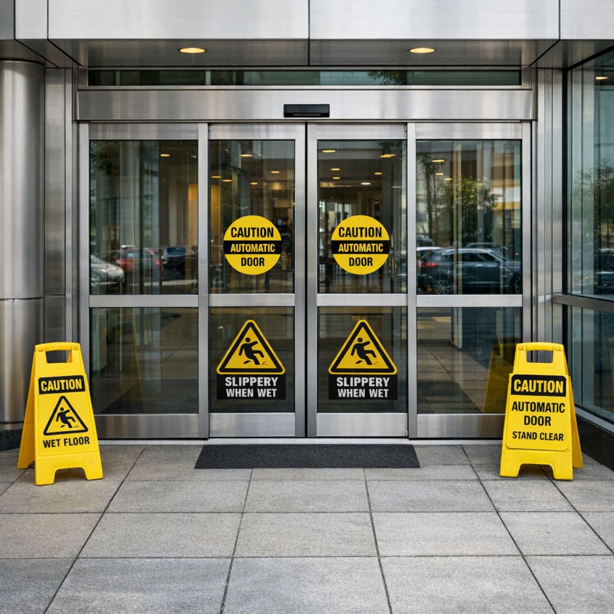 commercial building entrance with caution signage in neutral documentary style