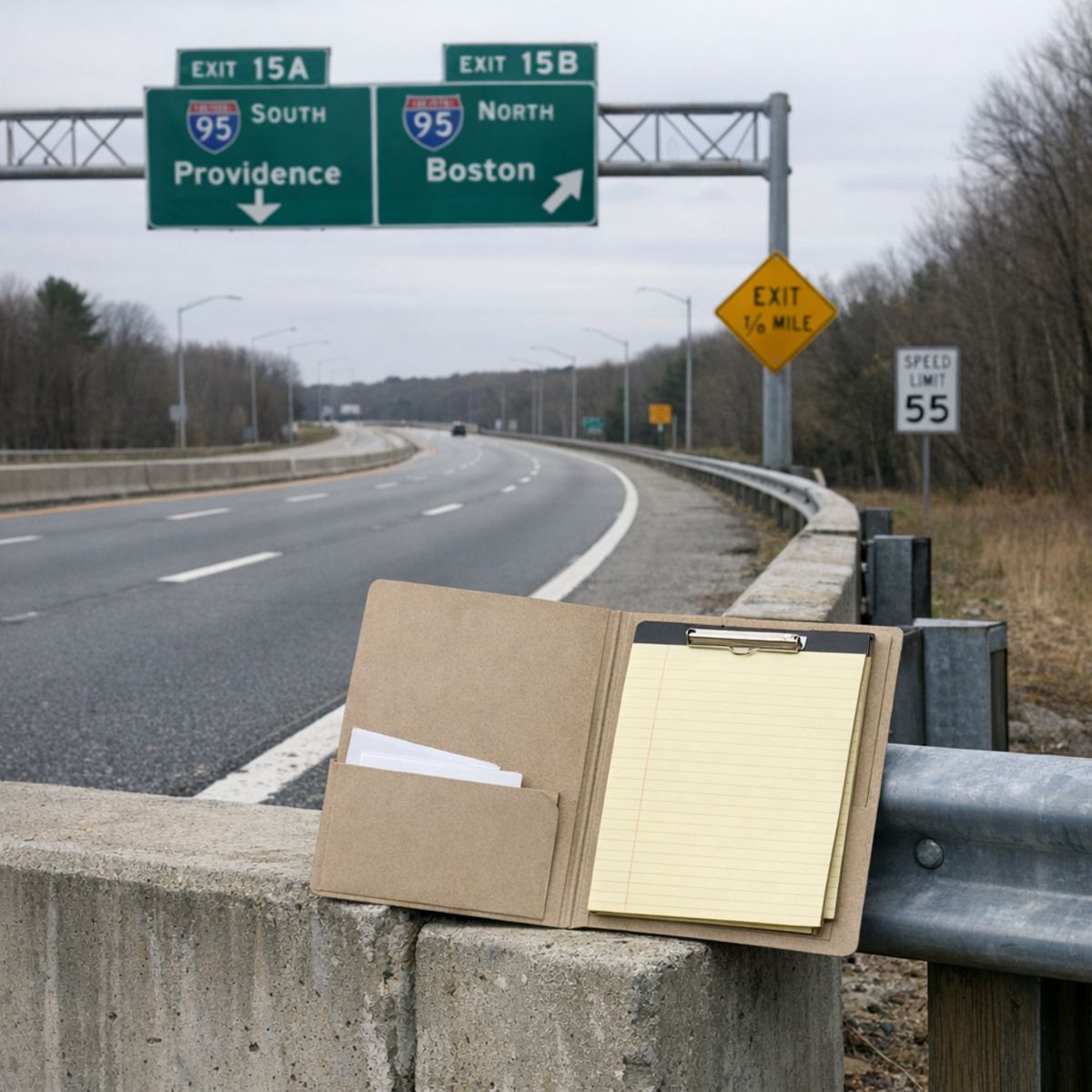 Highway scene with traffic signs and legal document folder on roadside barrier, neutral news context