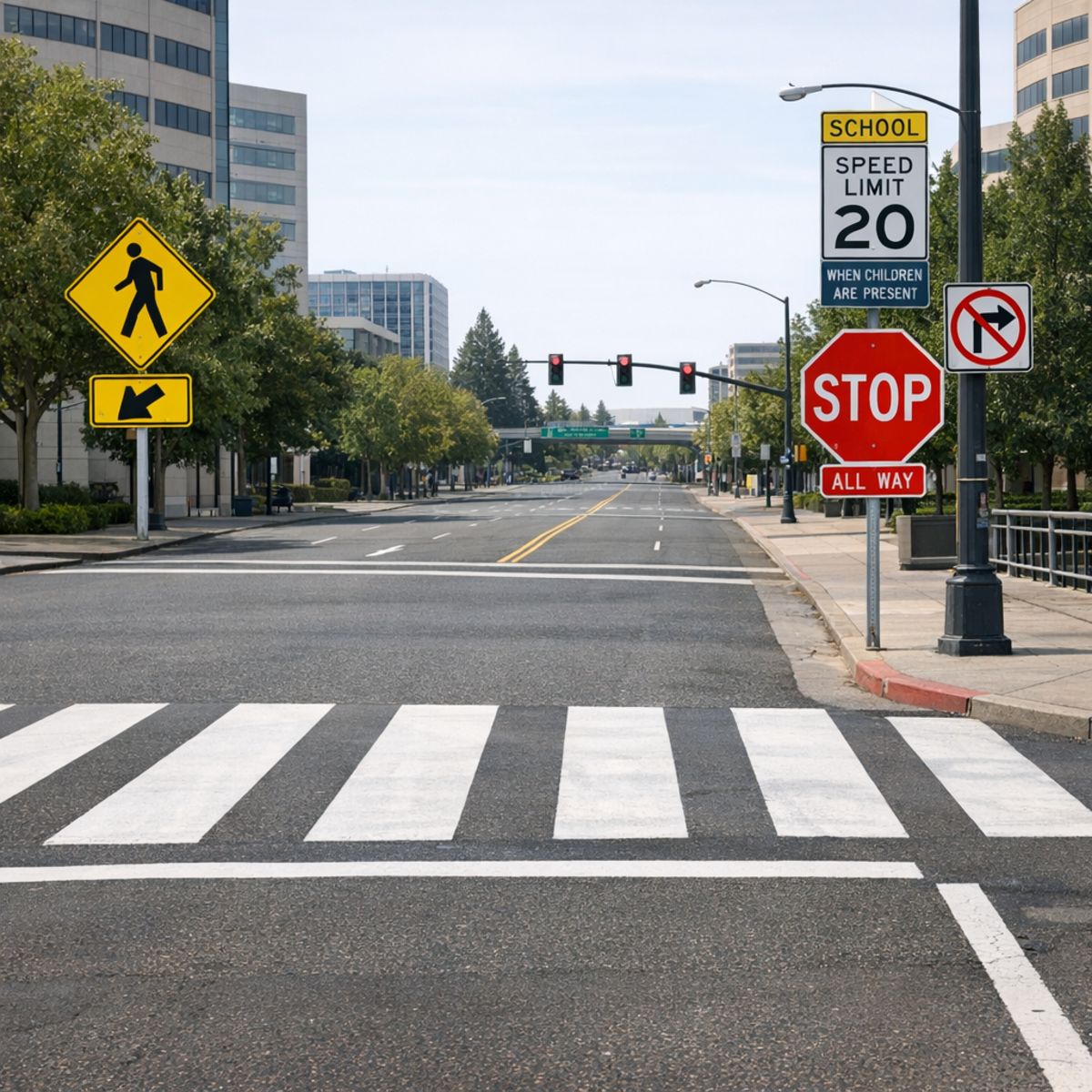 Urban roadway with marked crosswalk and traffic signs in neutral documentary style