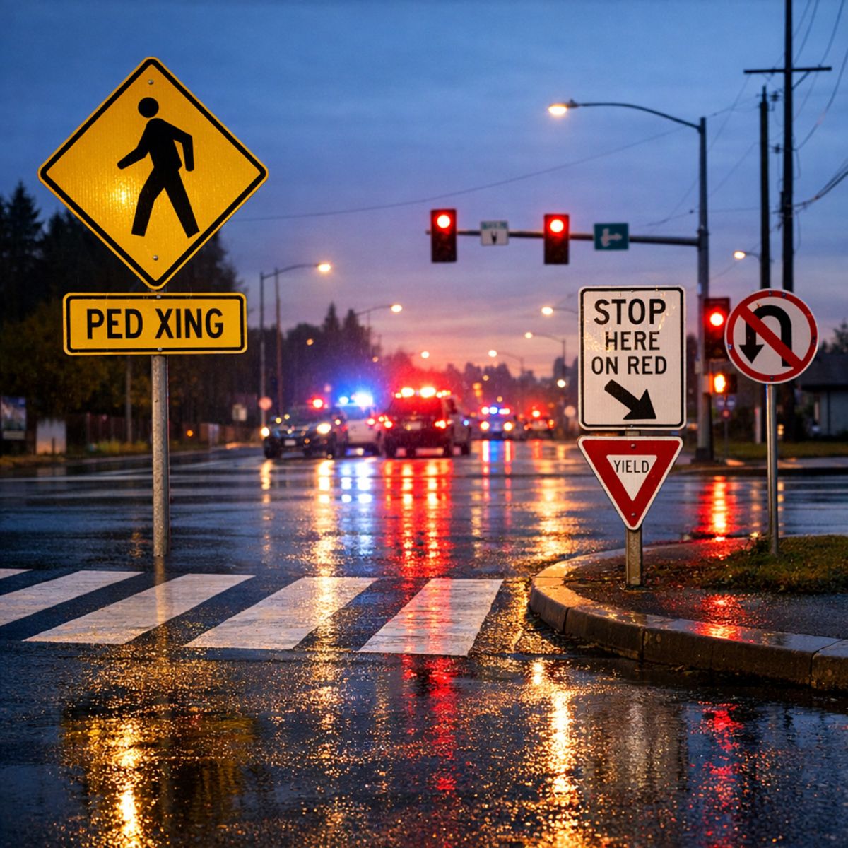 Roadside crosswalk with emergency vehicle lights in distance and visible traffic signage at dusk