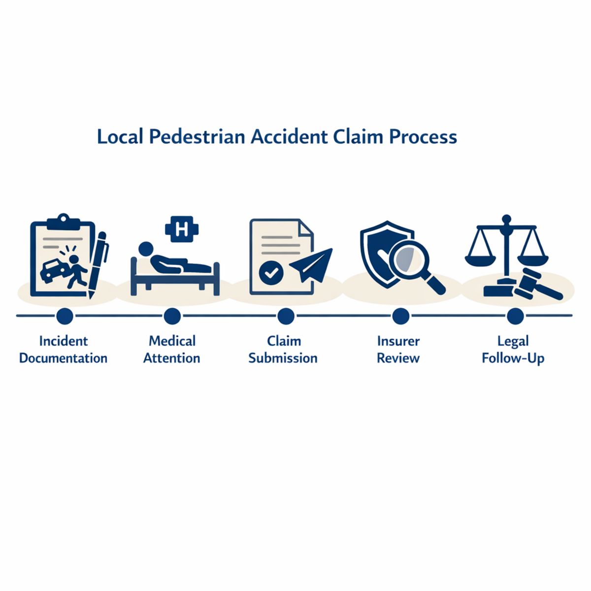 Timeline infographic of pedestrian accident claim process with icons for each step.