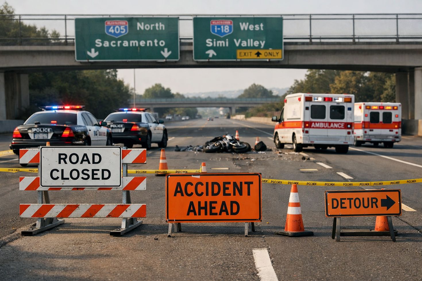Emergency vehicles and road closure signs on a highway after a motorcycle accident, with overpass and clear signage in view